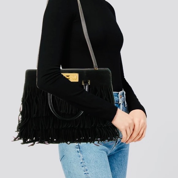SAINT LAURENT ELEGANT BLACK Suede Layers of Fringes lined Beautifully with Gold - Picture 3 of 16